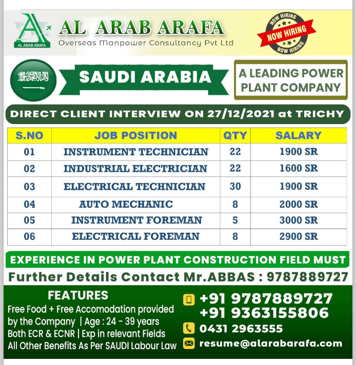 URGENTLY REQUIRED FOR SAUDI ARABIA