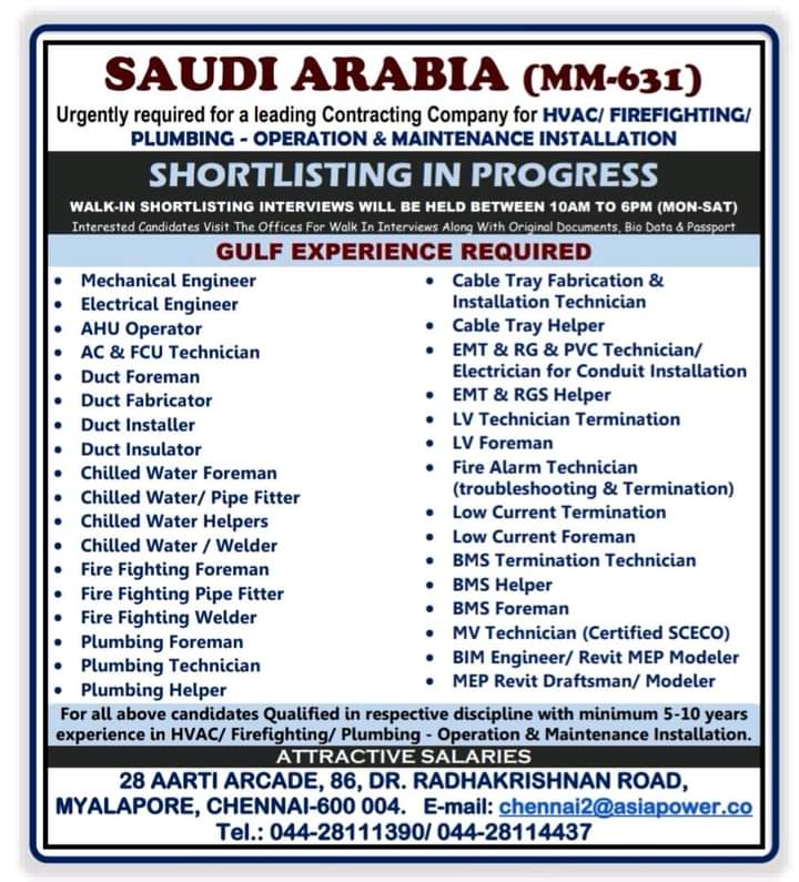 URGENTLY REQUIRED FOR SAUDI ARABIA