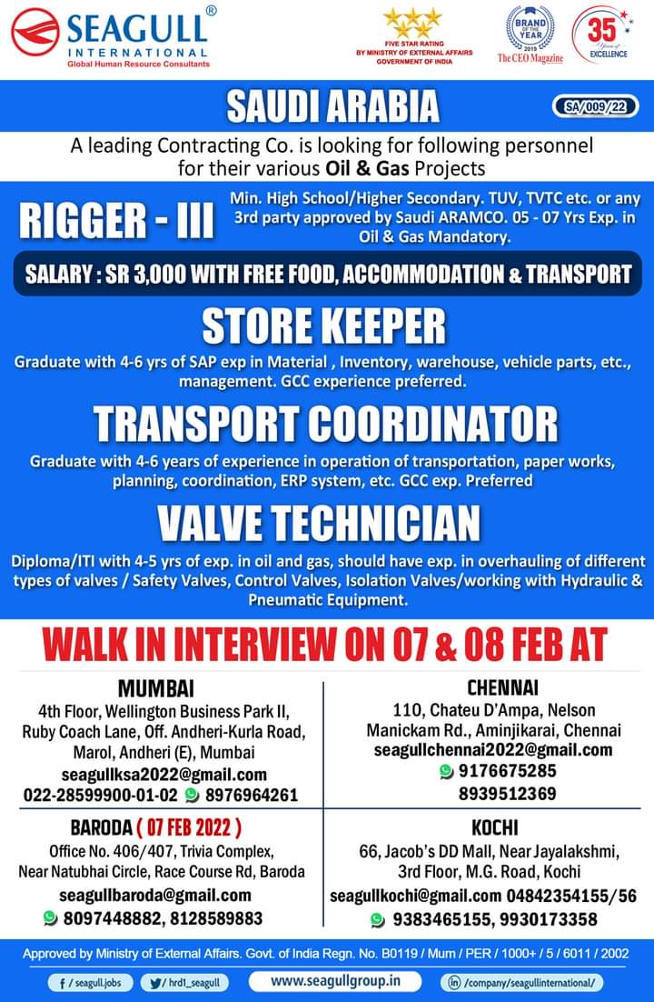 URGENTLY REQUIRED FOR SAUDI ARABIA
