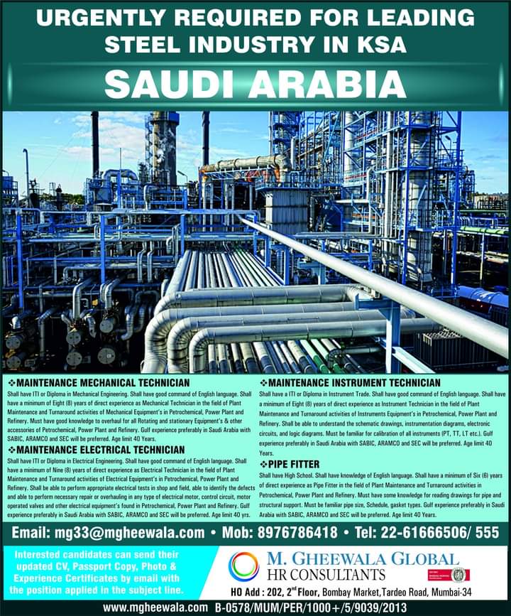 URGENTLY REQUIRED FOR SAUDI ARABIA,KSA