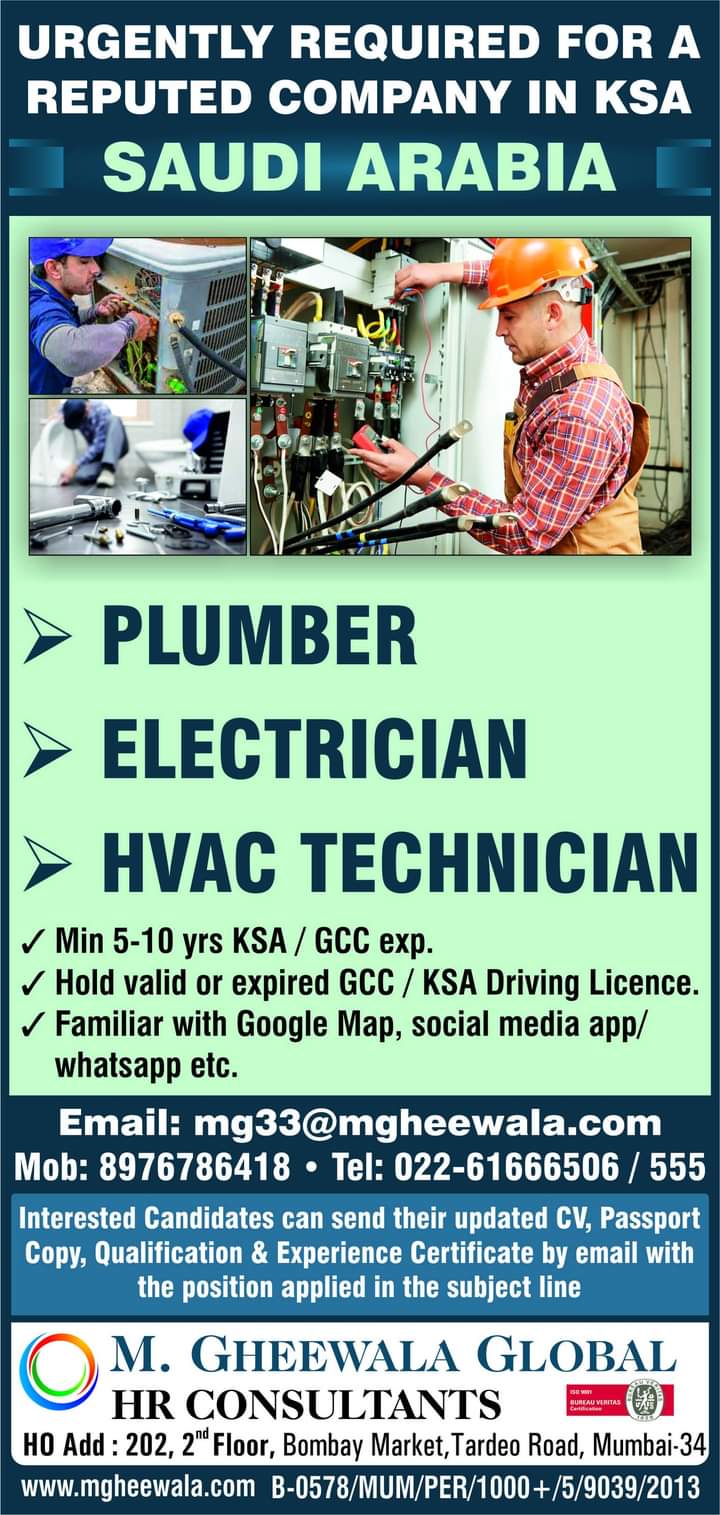 URGENTLY REQUIRED FOR SAUDI ARABIA,KSA