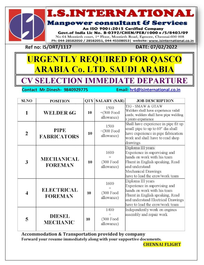 URGENTLY REQUIRED FOR SAUDI ARABIA