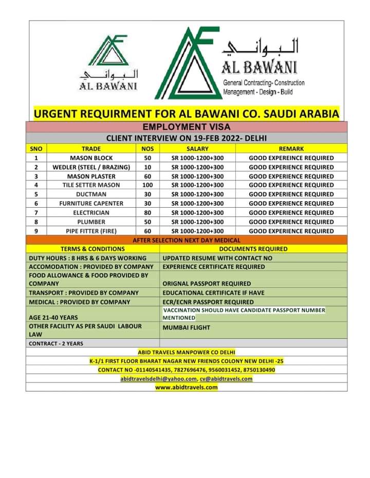 URGENTLY REQUIRED FOR SAUDI ARABIA