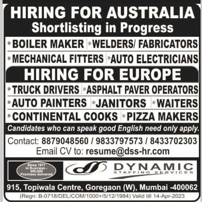 URGENTLY REQUIRED FOR AUSTRALIA, EUROPE