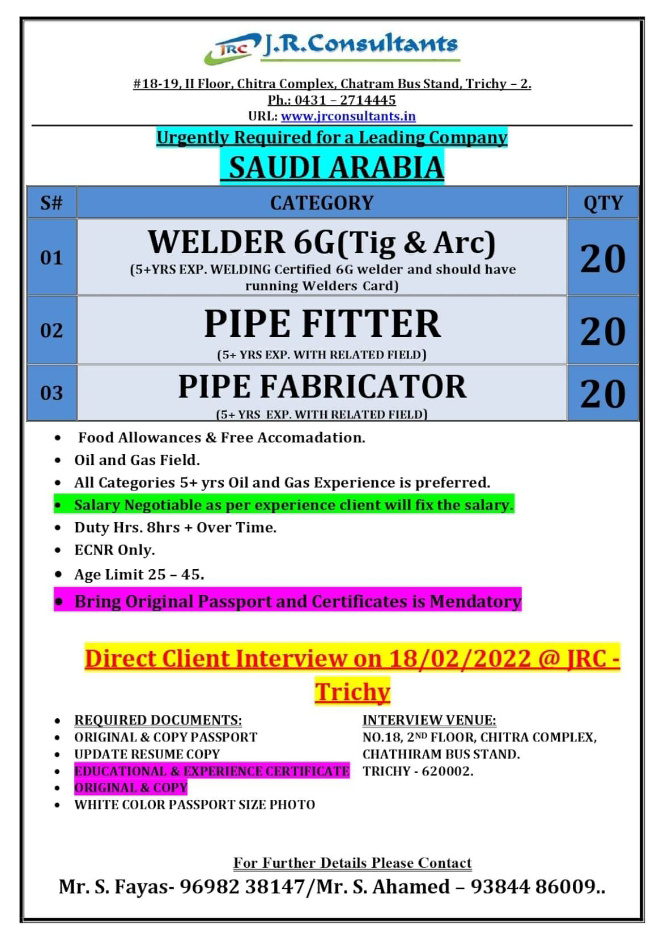 URGENTLY REQUIRED FOR SAUDI ARABIA