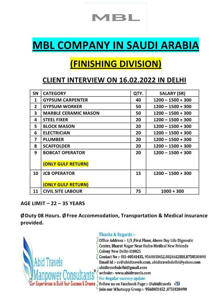 URGENTLY REQUIRED FOR SAUDI ARABIA