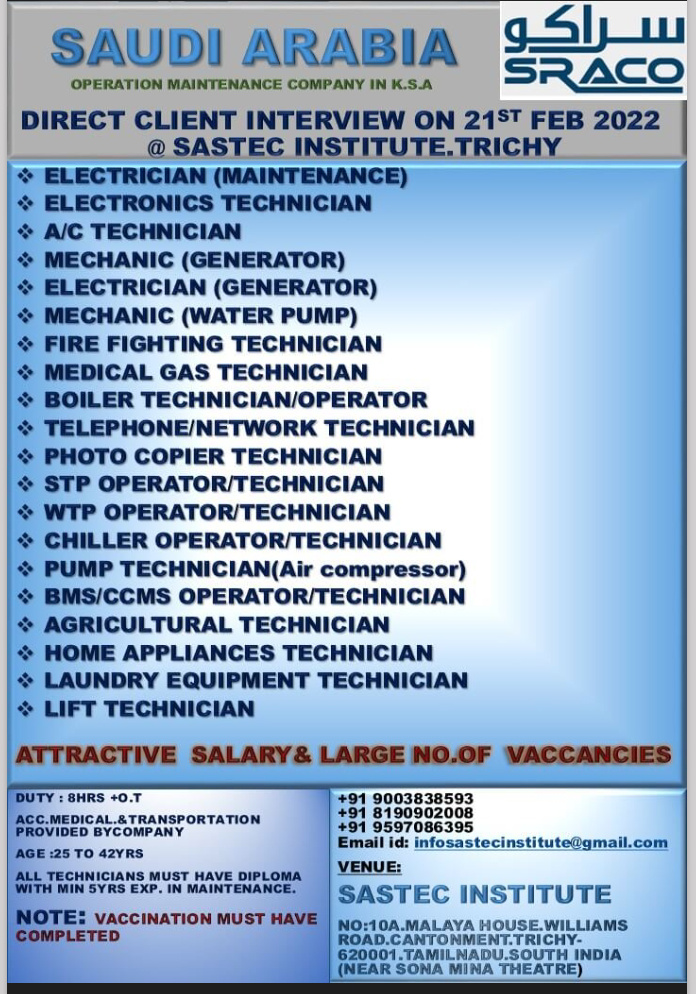 URGENTLY REQUIRED FOR SAUDI ARABIA