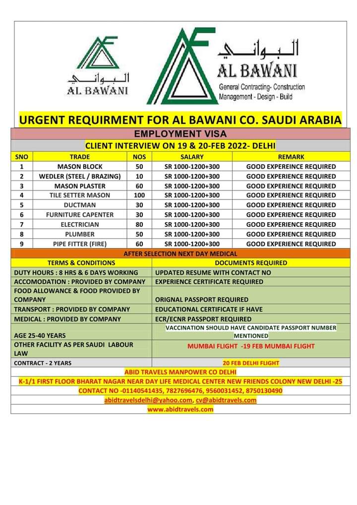 URGENTLY REQUIRED FOR SAUDI ARABIA