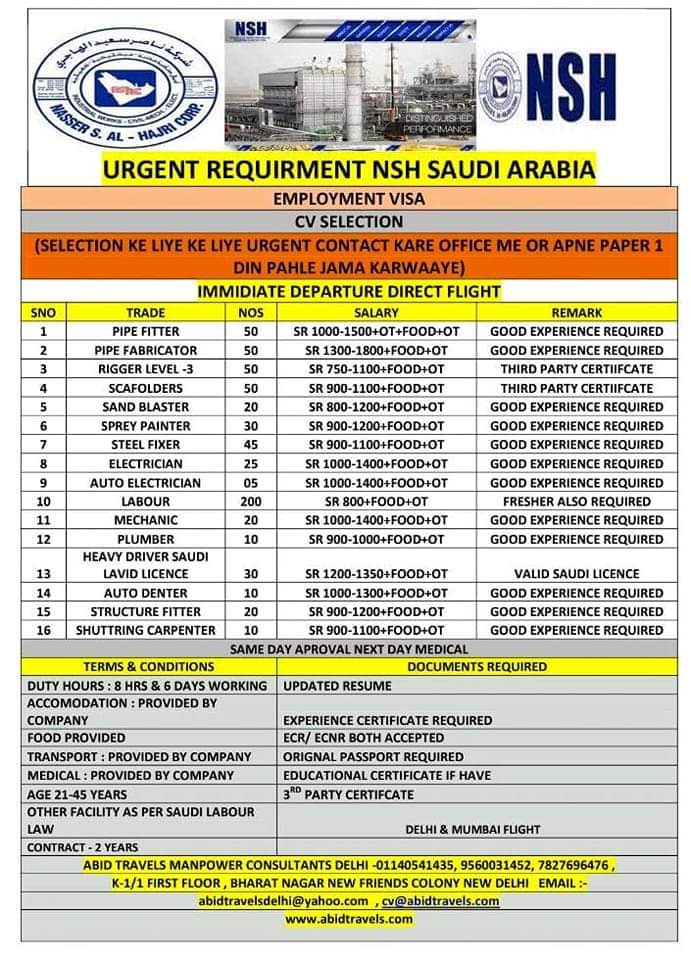 URGENTLY REQUIRED FOR SAUDI ARABIA