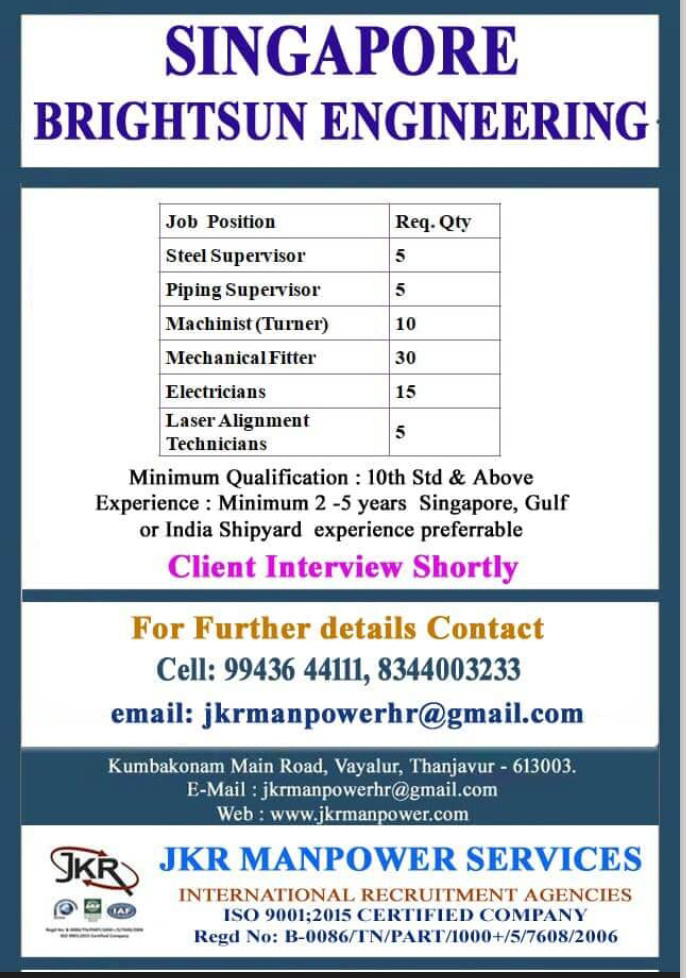URGENTLY REQUIRED FOR SINGAPORE