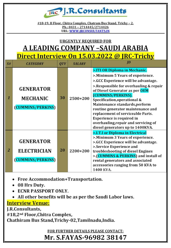 URGENTLY REQUIRED FOR SAUDI ARABIA