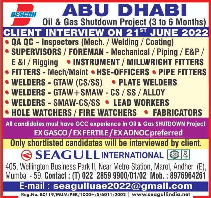 URGENTLY REQUIRED FOR ABUDHABI