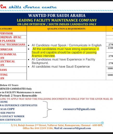 URGENT REQUIREMENT FOR SAUDI ARABIA