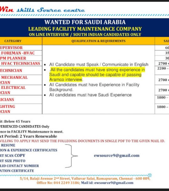 URGENT REQUIREMENT FOR SAUDI ARABIA