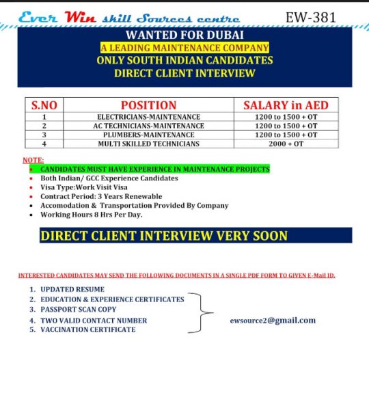 URGENT REQUIREMENT FOR DUBAI