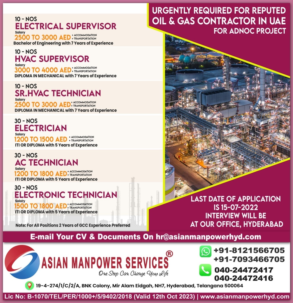 Urgently required for Adnoc Project in Abu Dhabi – last date of application is 15-07-2022, Interview will be in Hyderabad.