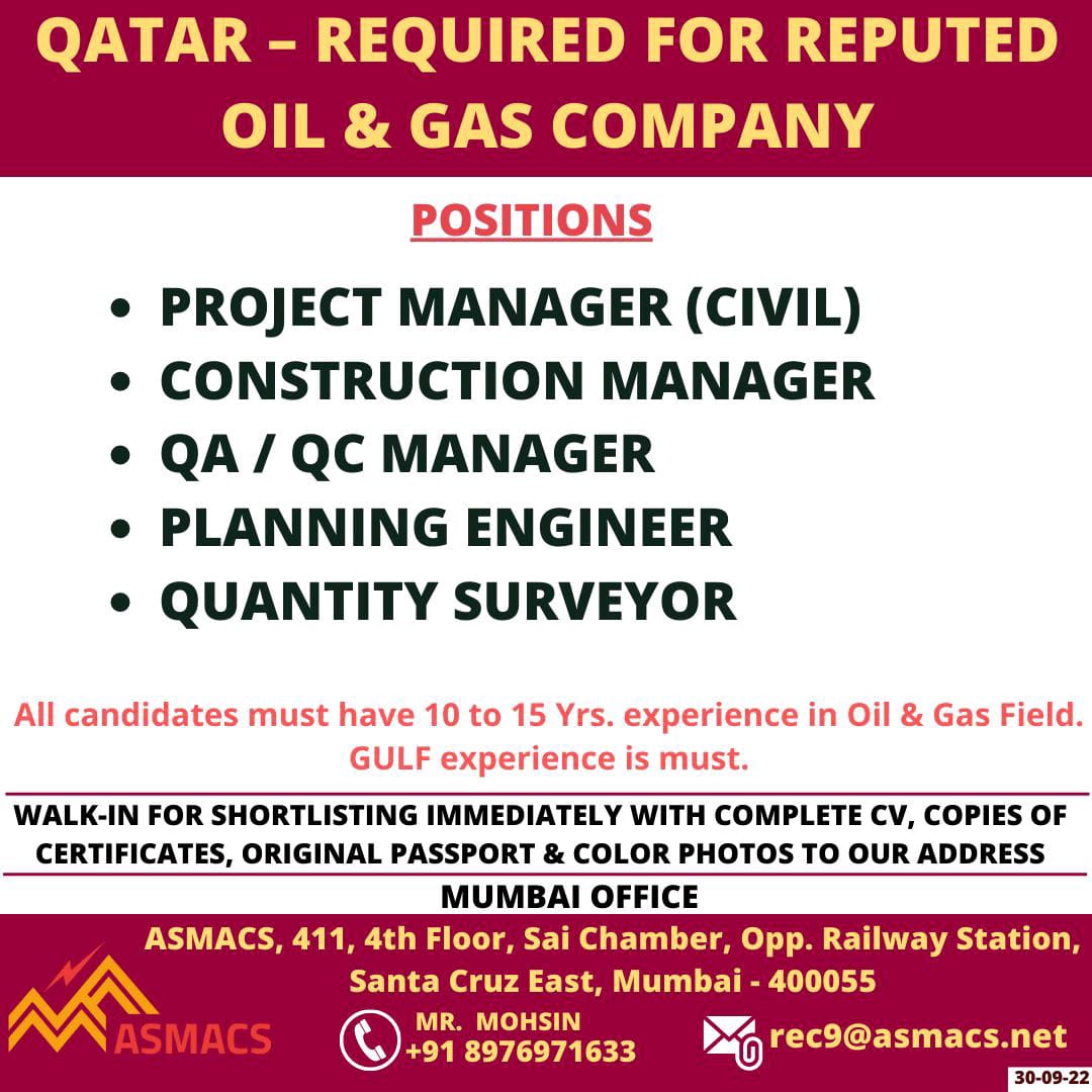 REQUIRED FOR REPUTED OIL&GAS COMPANY IN QATAR