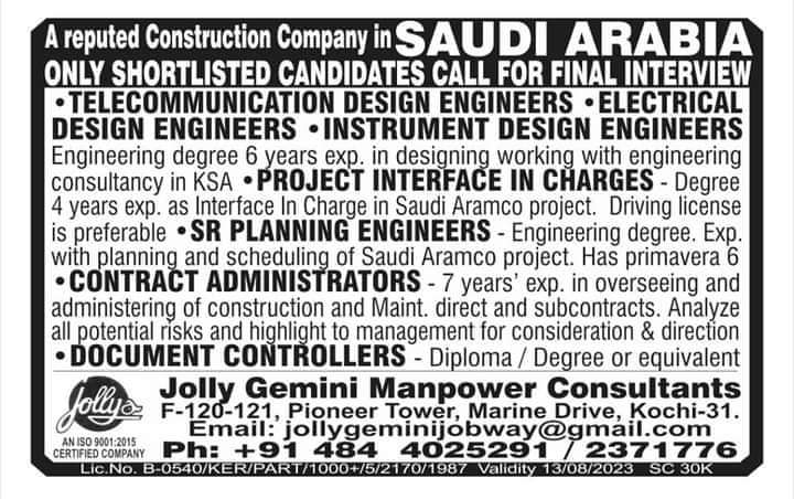 REQUIRED FOR CONSTRUCTION COMPANY IN SAUDI ARABIA