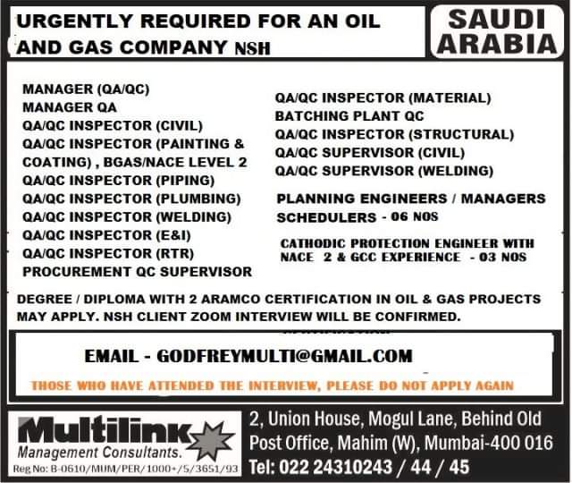 URGENTLY REQUIRED FOR OIL&GAS COMPANY IN SAUDI ARABIA