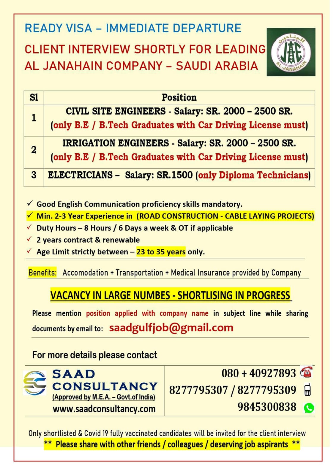 URGENTLY REQUIRED FOR LEADING COMPANY IN SAUDI ARABIA