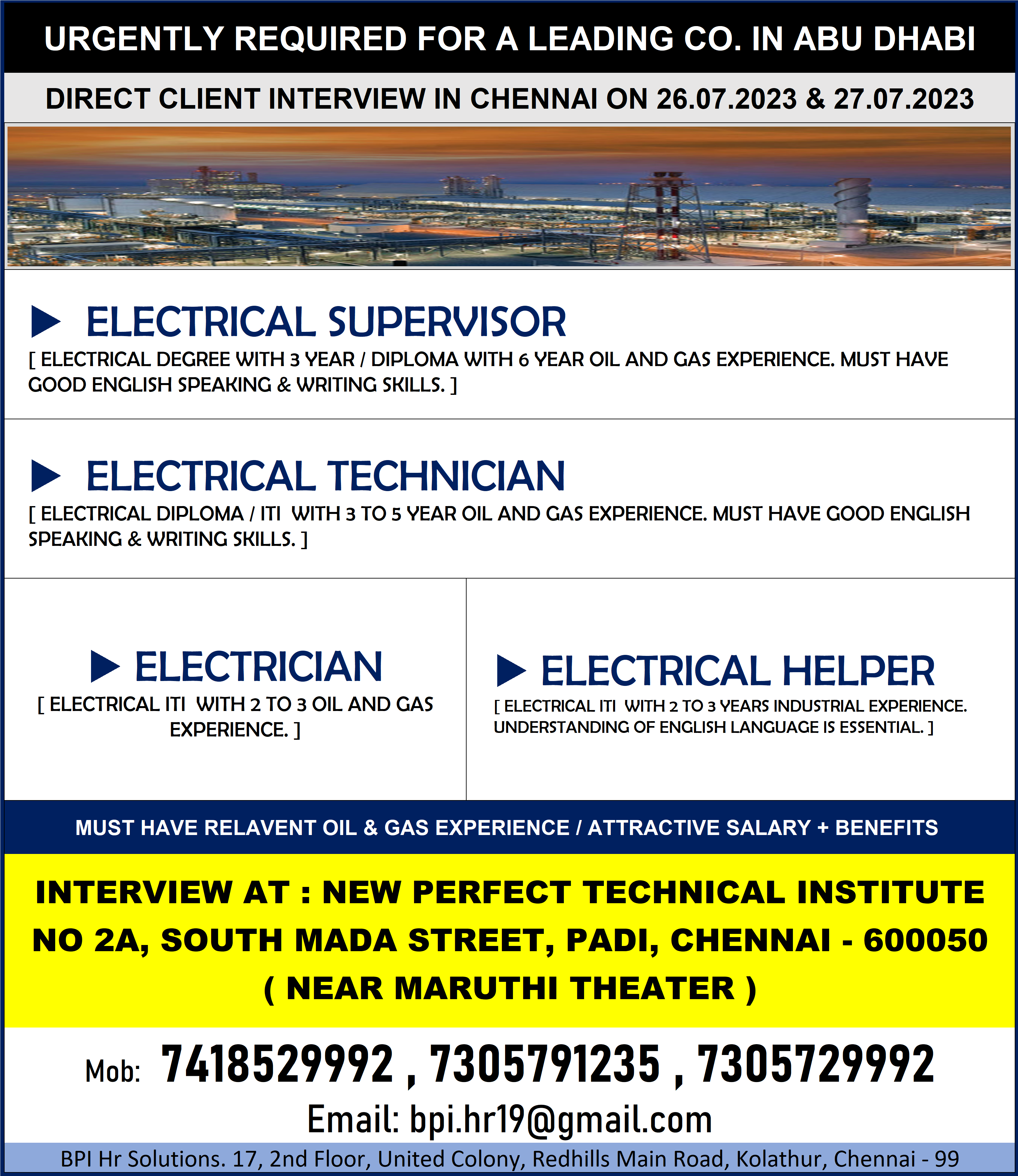 URGENTLY REQUIRED FOR A LEADING CO. IN ABU DHABI DIRECT CLIENT INTERVIEW IN CHENNAI ON 26.07.2023 & 27.07.2023