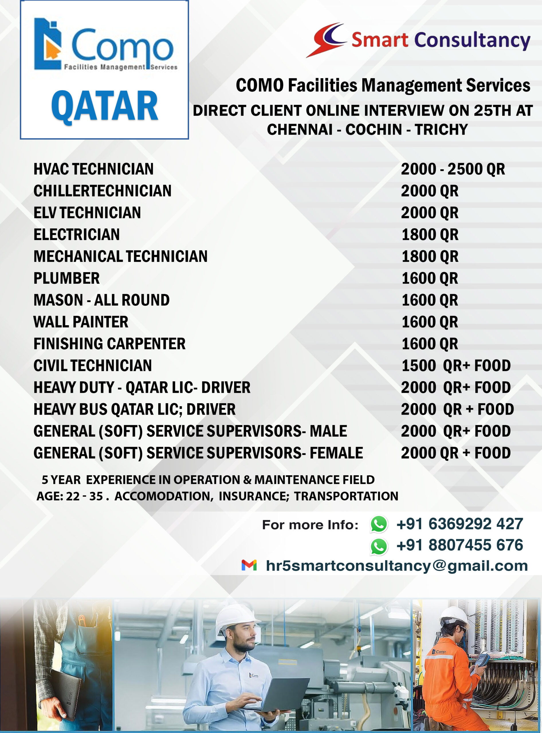 Wanted for Qatar COMO Facilities Management Services DIRECT CLIENT ONLINE INTERVIEW on 25TH AT CHENNAI – COCHIN – TRICHY