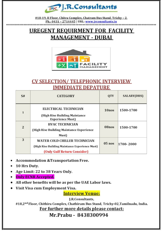 URGENT REQUIREMENT FOR FACILITY MANAGEMENT COMPANY IN DUBAI