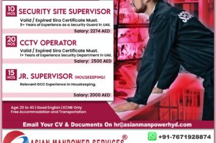 Urgently required Security Site Supervisor, CCTV Operator and Cleaning Supervisor for reputed Facility Management Company UAE Dubai