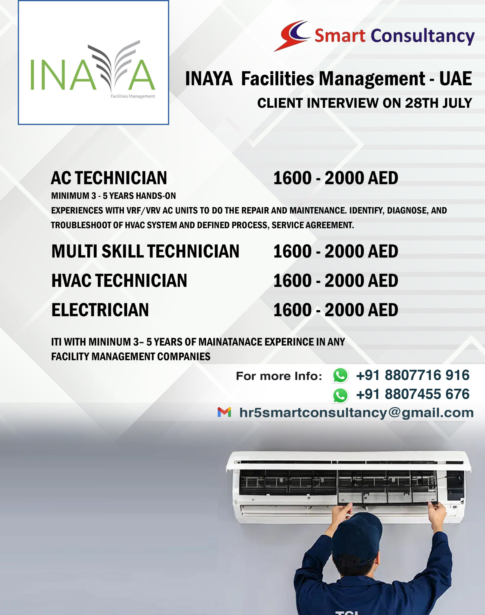 WANTED FOR UAE  INAYA  Facilities Management – Dubai  Direct Client online Interview on 28th July