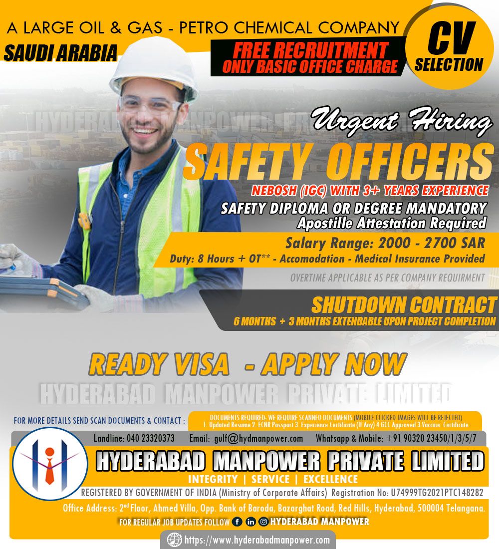 Urgent Hiring Safety Officers for Saudi Arabia