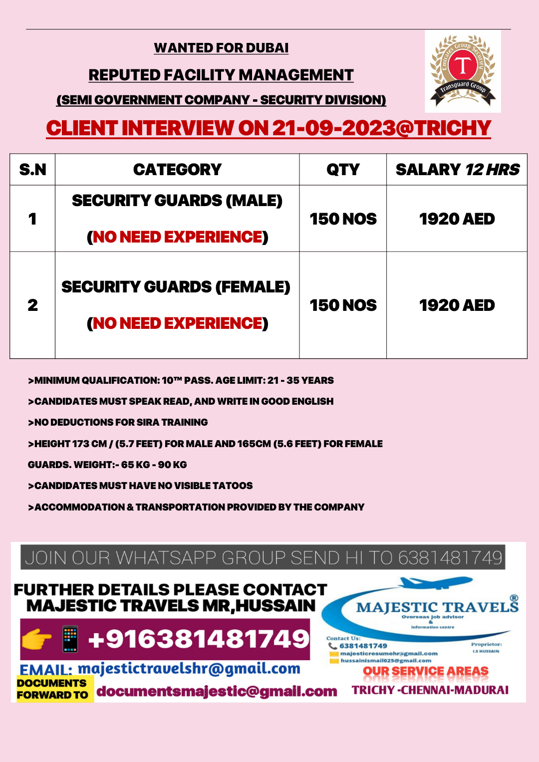 JOB vacancy Chennai job openings for DUBAI client interview on 21-09-2023@trichy further details please call 6381481749