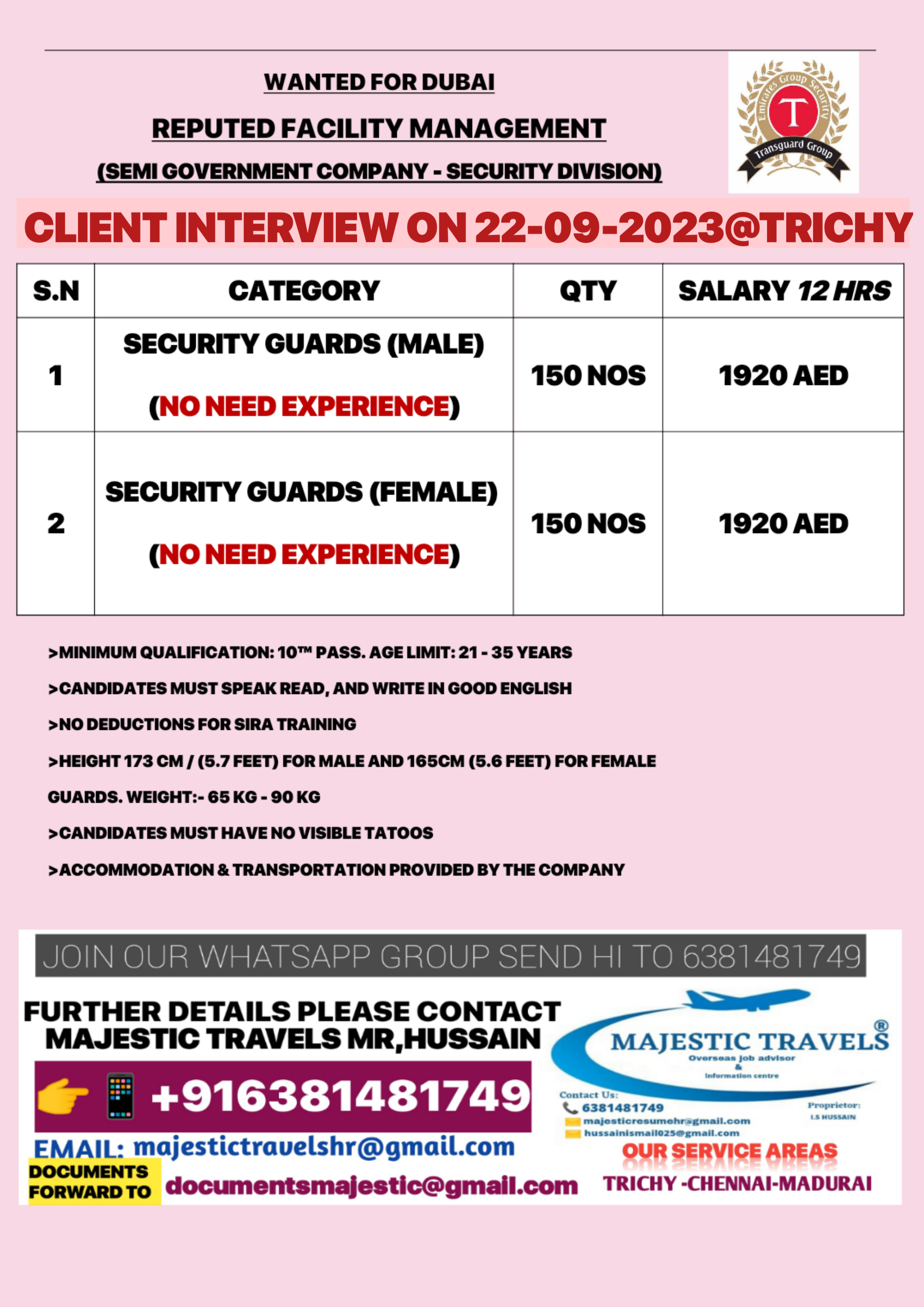 JOB OPENINGS FOR CHENNAI JOB OPENINGS FOR DUBAI COMPANY NAME TRANSGUARD CLIENT INTERVIEW ON 22-09-2023@TRICHY