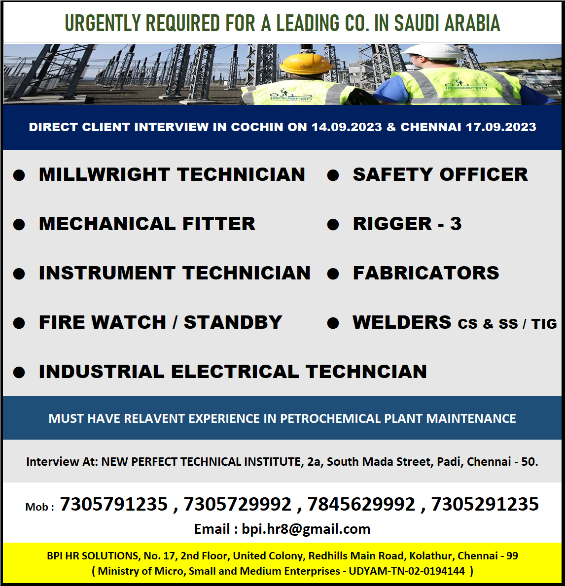 URGENTLY REQUIRED FOR A LEADING CO. IN KSA CLIENT INTERVIEW IN COCHIN 14.09.2023 & CHENNAI ON 17.09.2023