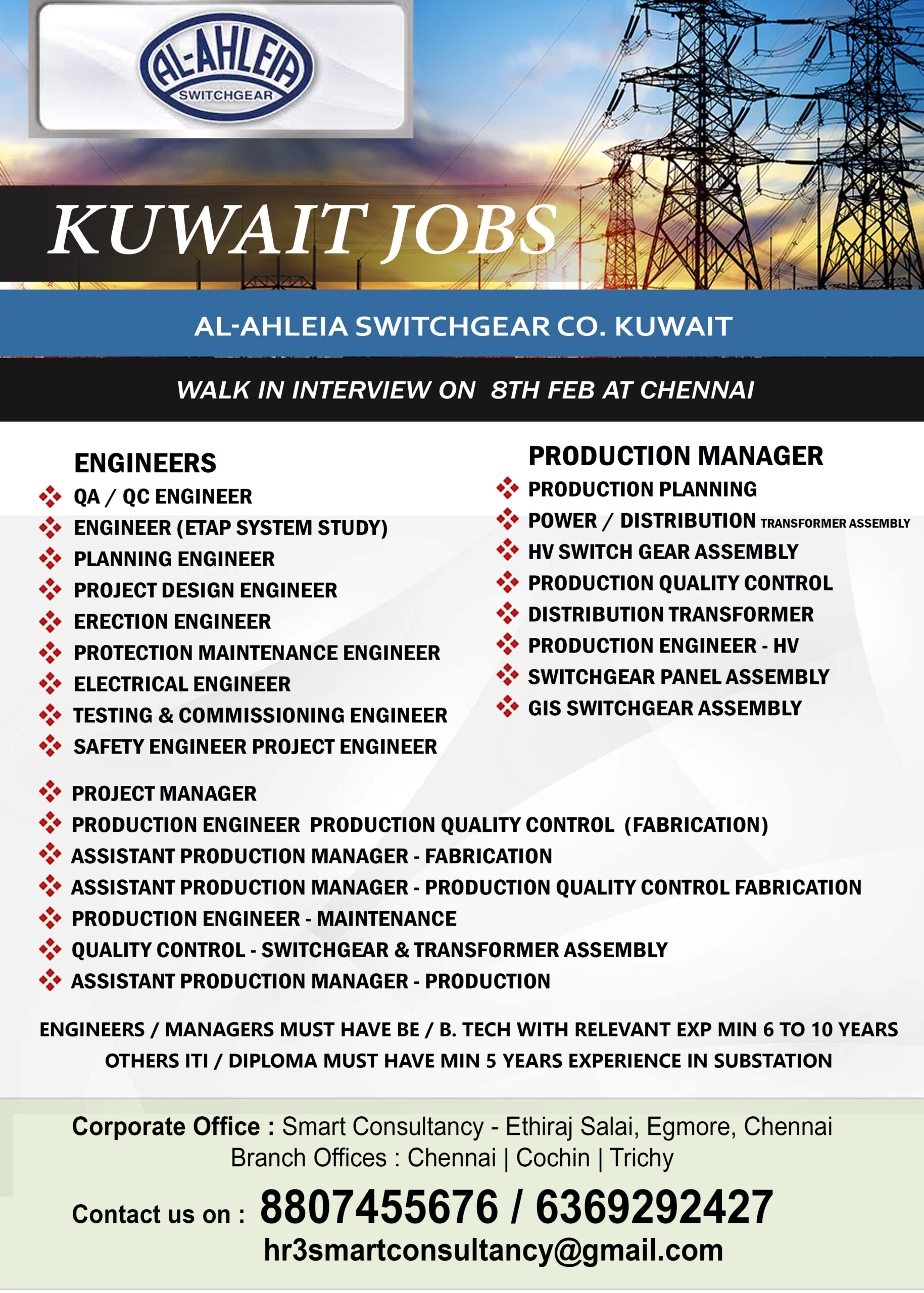 Al-Ahleia Switchgear Co. Kuwait WALK IN INTERVIEW ON 8TH FEB AT CHENNAI