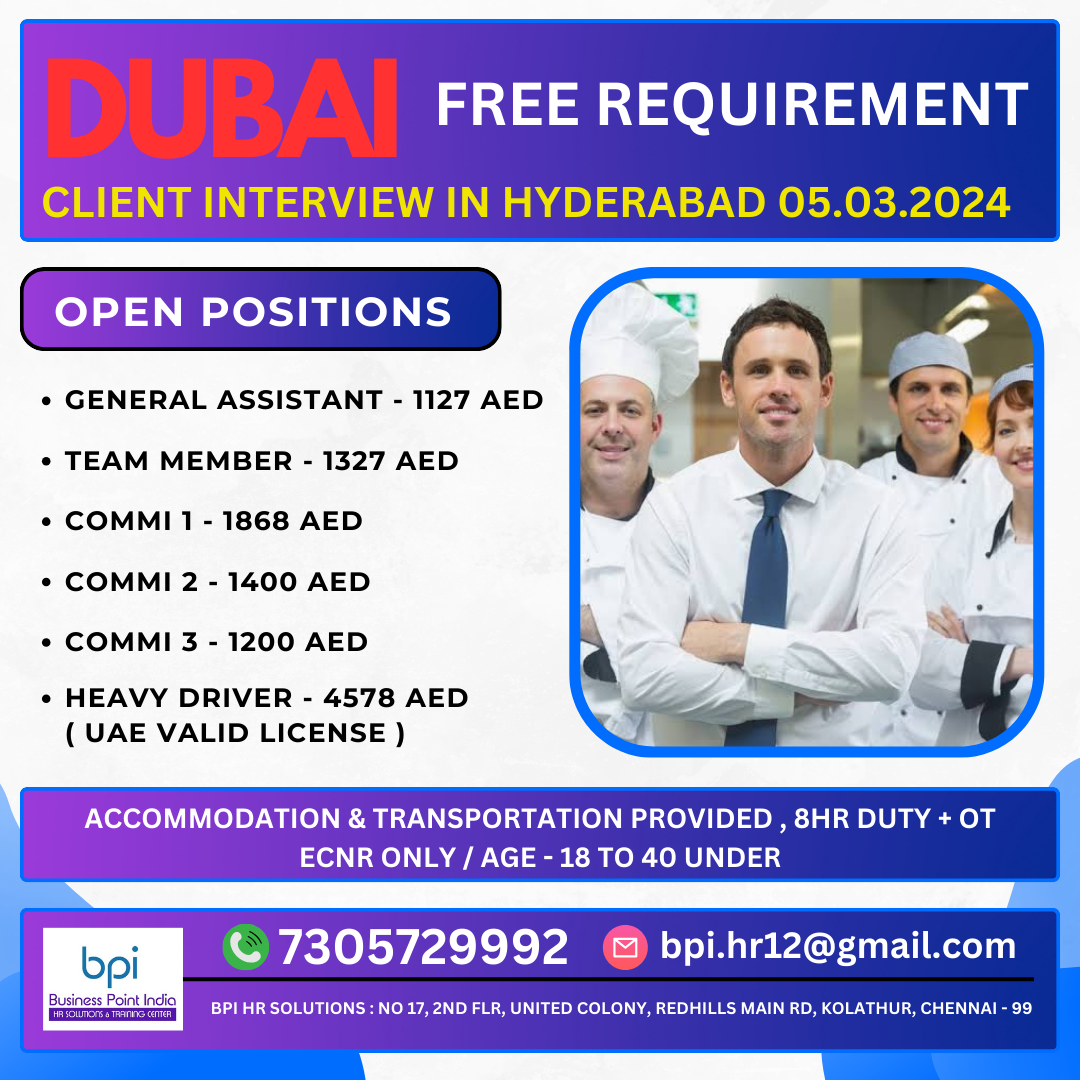 Urgently required for a leading co in Dubai client in Hyderabad 05.03.24