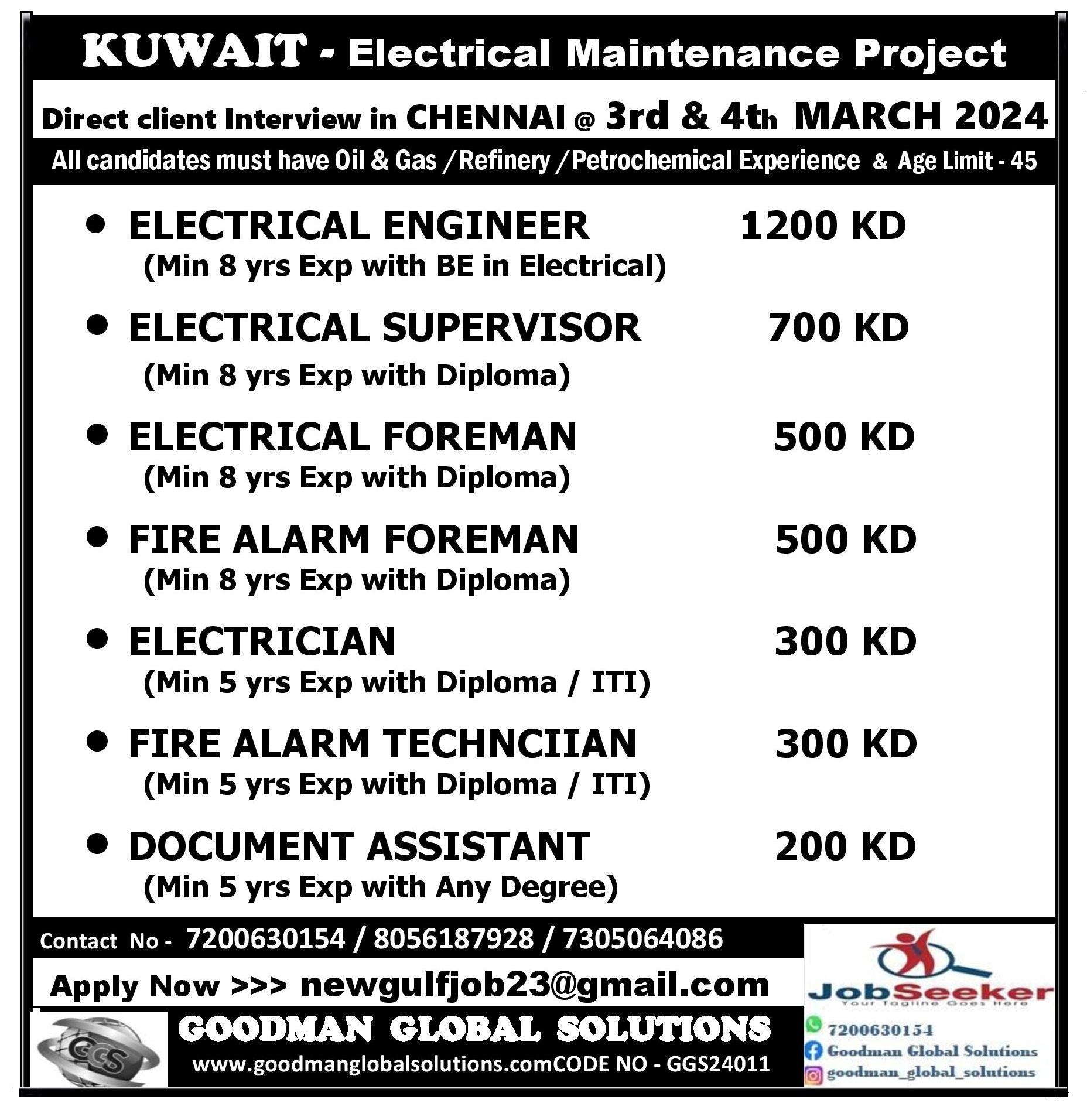 KUWAIT – Electrical Maintenance Project |Direct client Interview in CHENNAI @ 3rd & 4th MARCH 2024