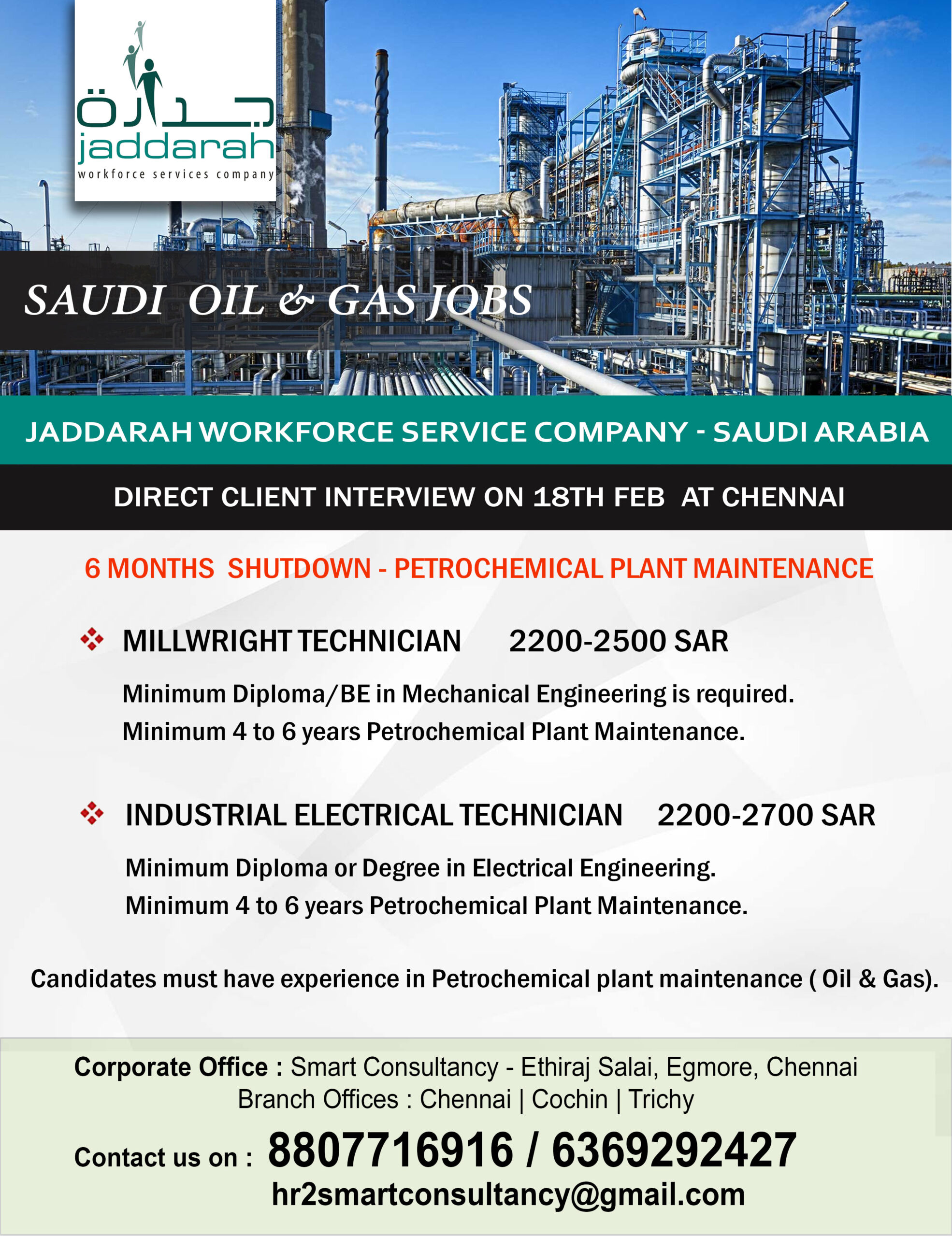 OIL & GAS – 6 MONTHS SHUTDOWN PROJECT – DIRECT CLIENT interview ON 18TH AT CHENNAI