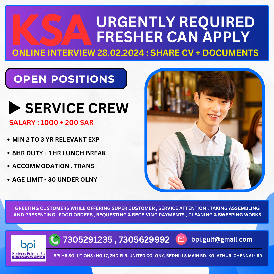 URGENTLY REQUIRED FOR A LEADING CO. IN KSA ONLINE INTERVIEW 28.02.2024