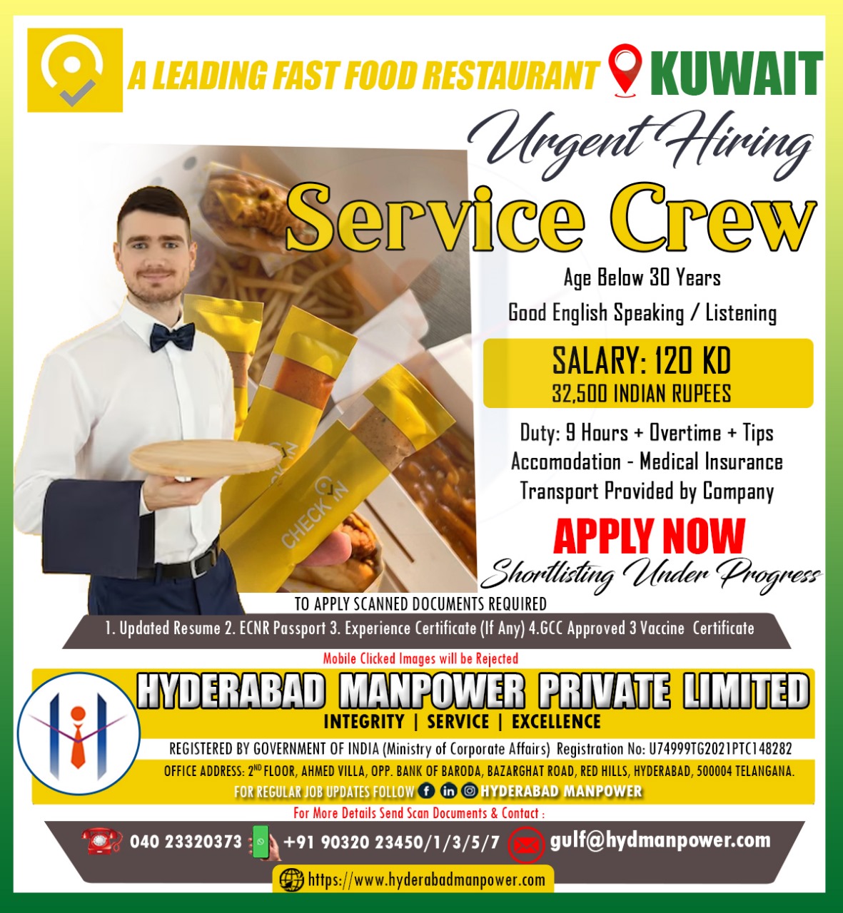 Urgent Hiring Service Crew for Fast Food Restaurant in Kuwait