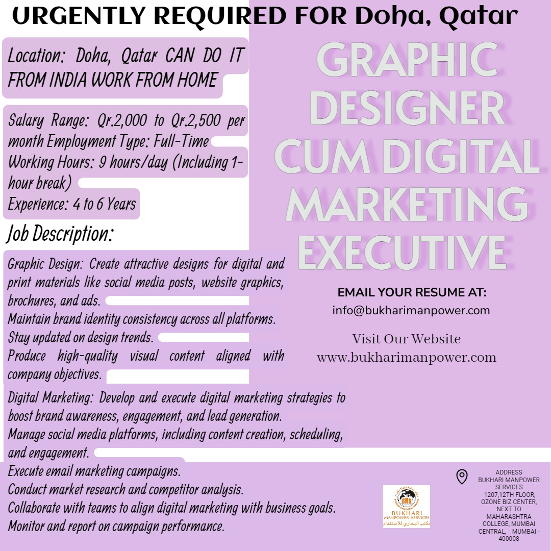 URGENTLY REQUIRED FOR Doha, Qatar graphic-designer-cum-digital-marketing-executive Location: Doha, Qatar CAN DO IT FROM INDIA WORK FROM HOME 