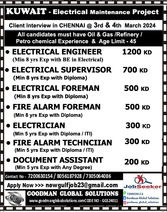 KUWAIT – Electrical Maintenance Project | Direct client Interview in CHENNAI @ 3rd & 4th MARCH 2024