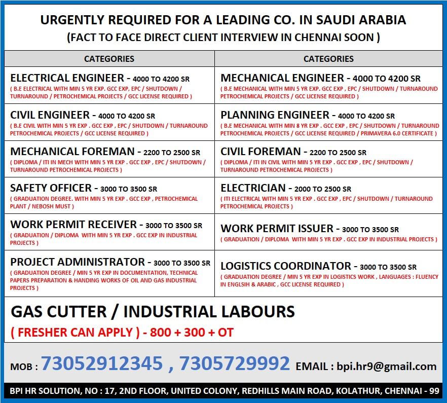 Urgently required for a leading co in ksa client interview in Chennai soon