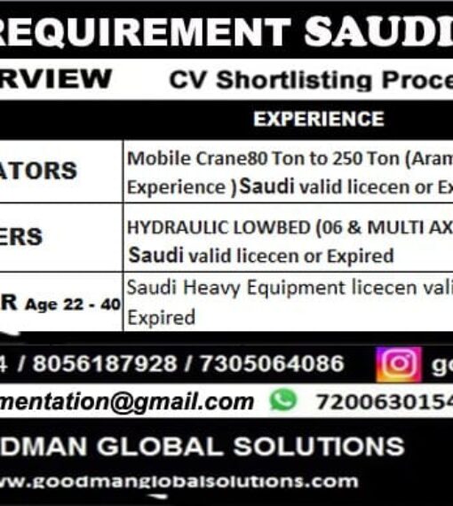 URGENT REQUIREMENT SAUDI ARABIA — ONLINE INTERVIEW — CV SHORTLISTING PROCESS IN CHENNAI