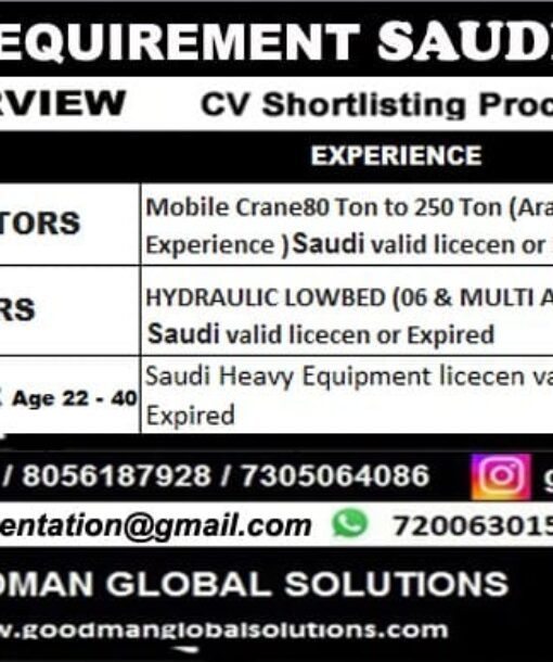 URGENT REQUIREMENT SAUDI ARABIA  — ONLINE INTERVIEW  — CV SHORTLISTING PROCESS IN CHENNAI