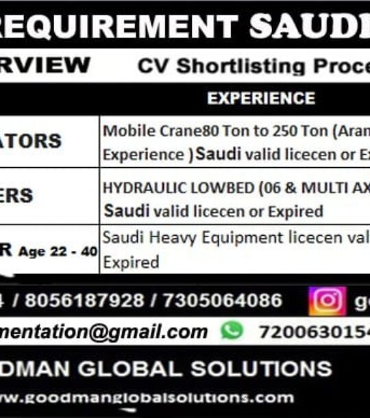 URGENT REQUIREMENT SAUDI ARABIA  — ONLINE INTERVIEW  — CV SHORTLISTING PROCESS IN CHENNAI