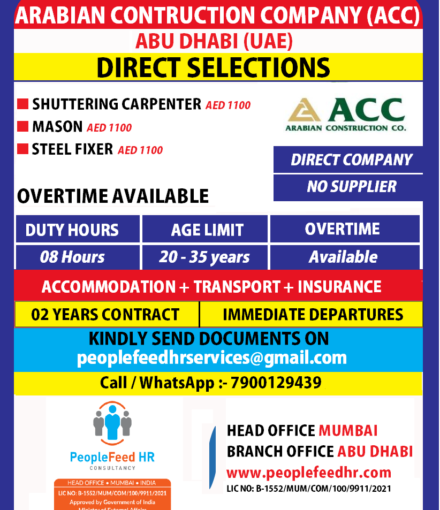 CLIENT INTERVIEW IN MUMBAI FOR ARABIAN CONSTRUCTION COMPANY ( DIRECT COMPANY – NO SUPPLIER ) IN ABU DHABI :-: IMMEDIATE DEPARTURES