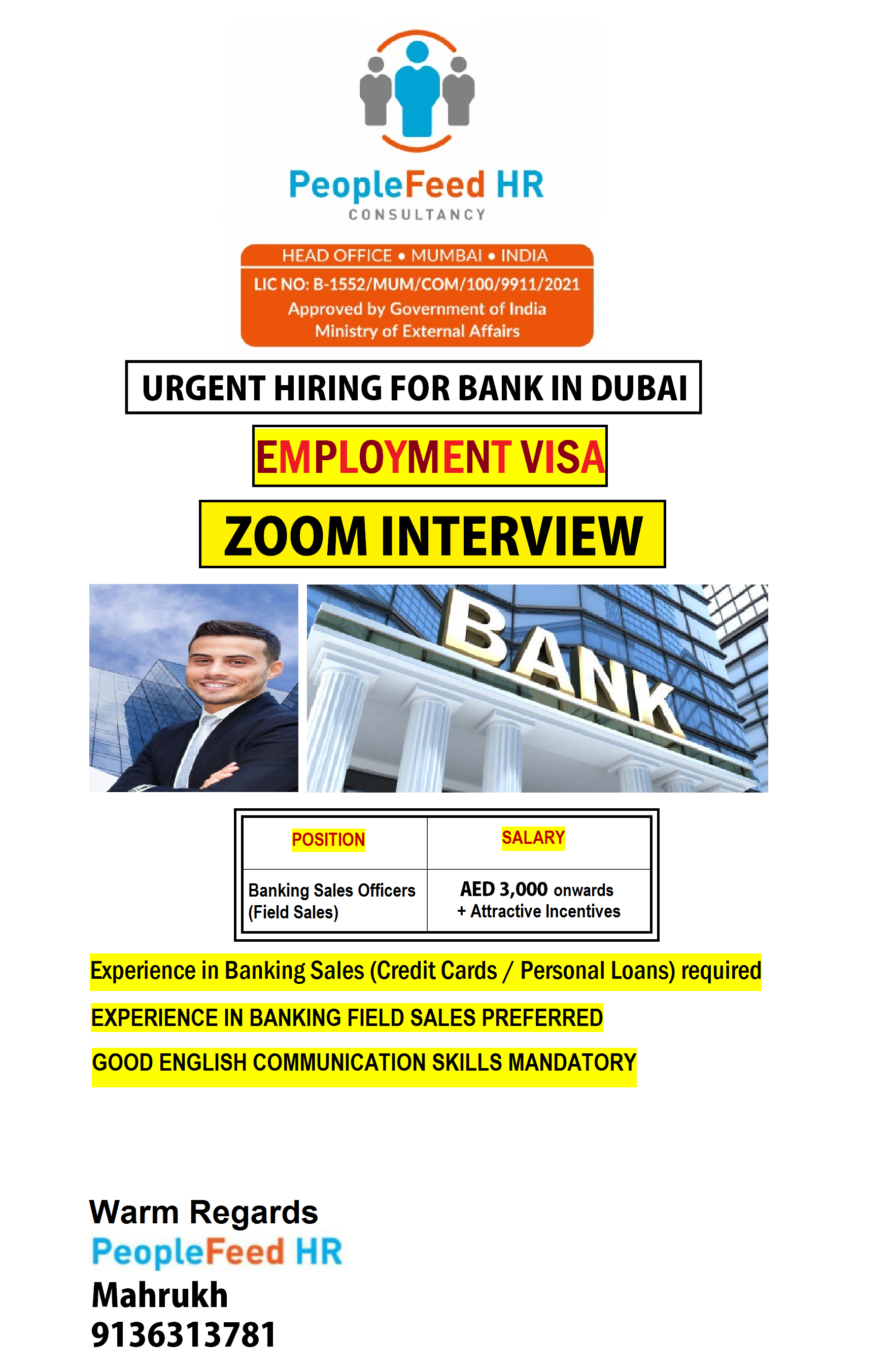 Hiring For ADCB Bank (Dubai) :-: BANKING SALES OFFICER :-: DUBAI EMPLOYMENT VISA