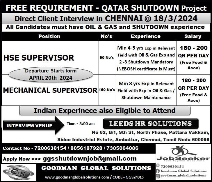 FREE REQUIREMENT – QATAR SHUTDOWN Projects | Direct Client Interview in Chennai @ 18/03/2024