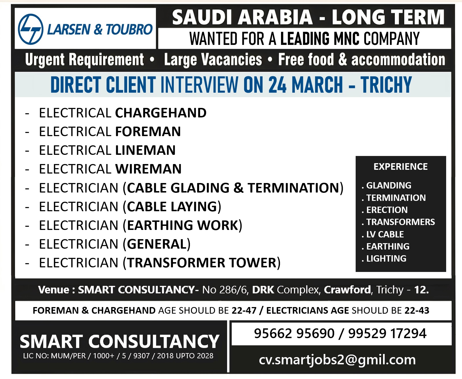 WANTED FOR A LEADING MNC COMPANY – SAUDI / DIRECT CLIENT INTERVIEW ON 24 MARCH – TRICHY