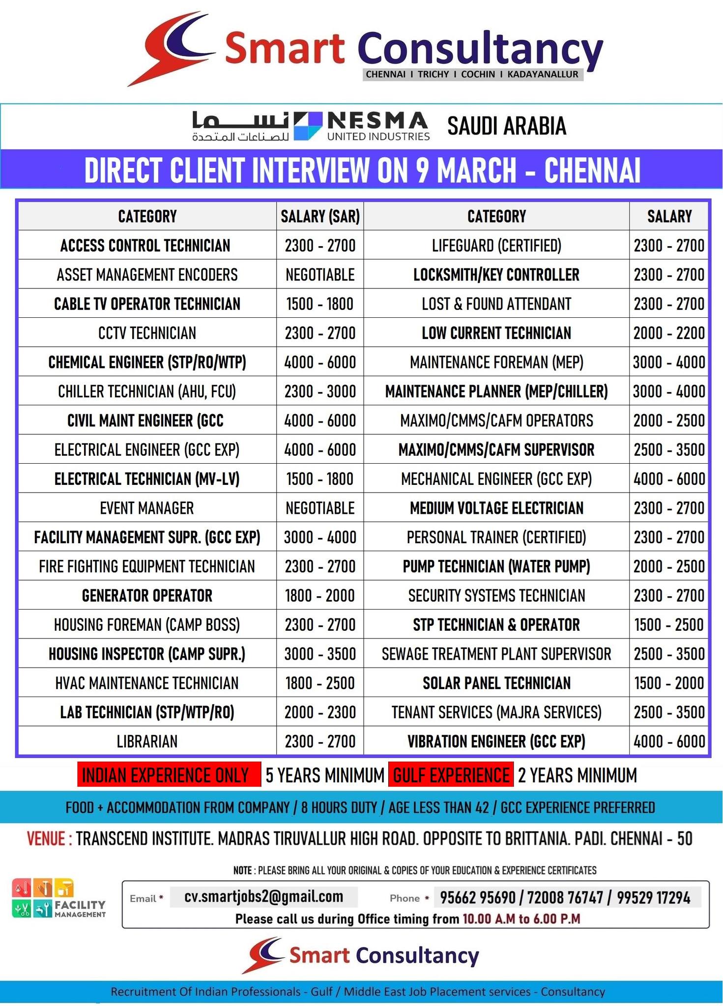 WANTED FOR A LEADING MAINTENANCE COMPANY – SAUDI / DIRECT CLIENT INTERVIEW ON 9 MARCH – CHENNAI